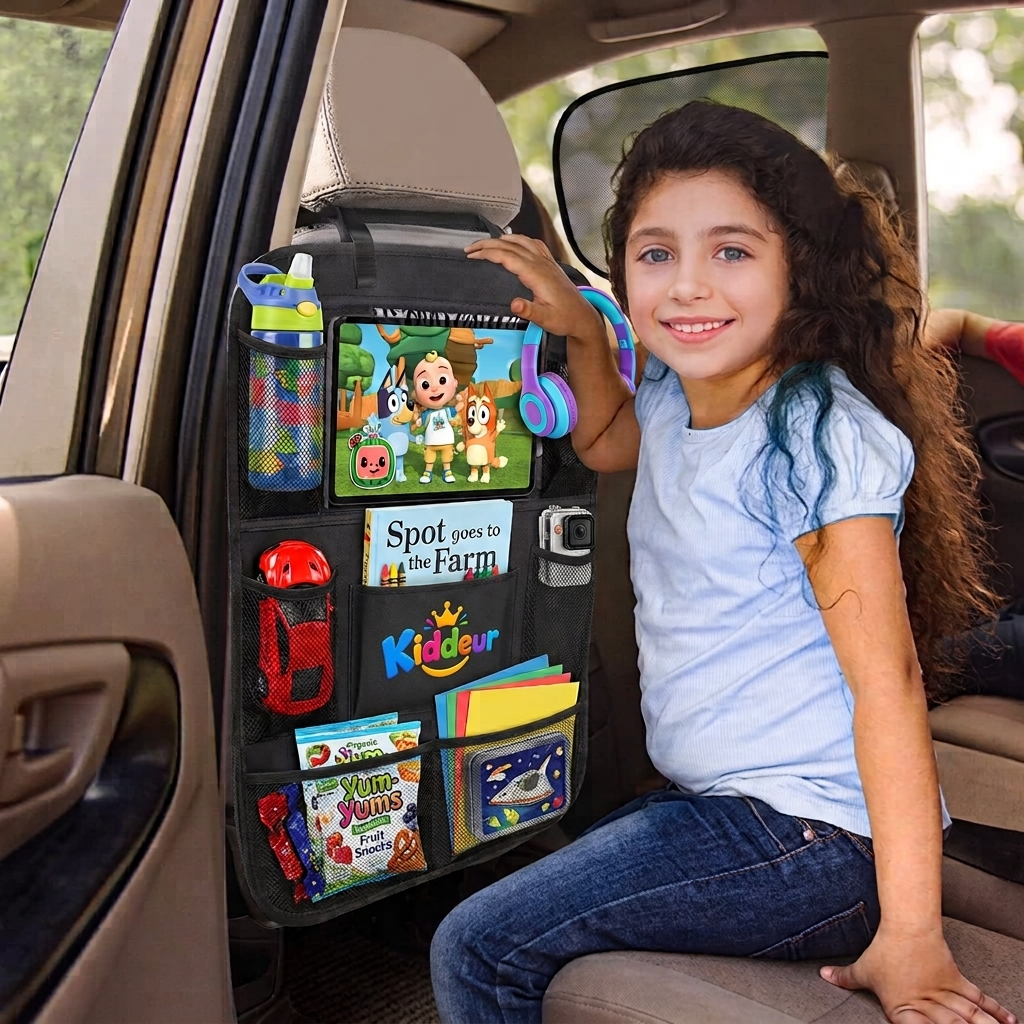 Kids Car Seat Back Organizer with Tablet Holder & Foldable Tray – Travel Storage Organizer for Road Trips