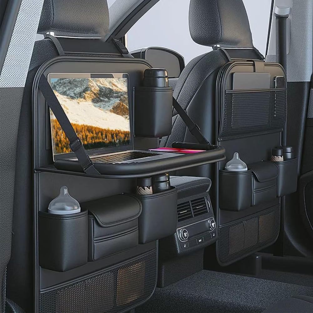 Car Backseat Organizer with Foldable Tray, Seat Back Protector, Storage Pockets & Travel Accessories