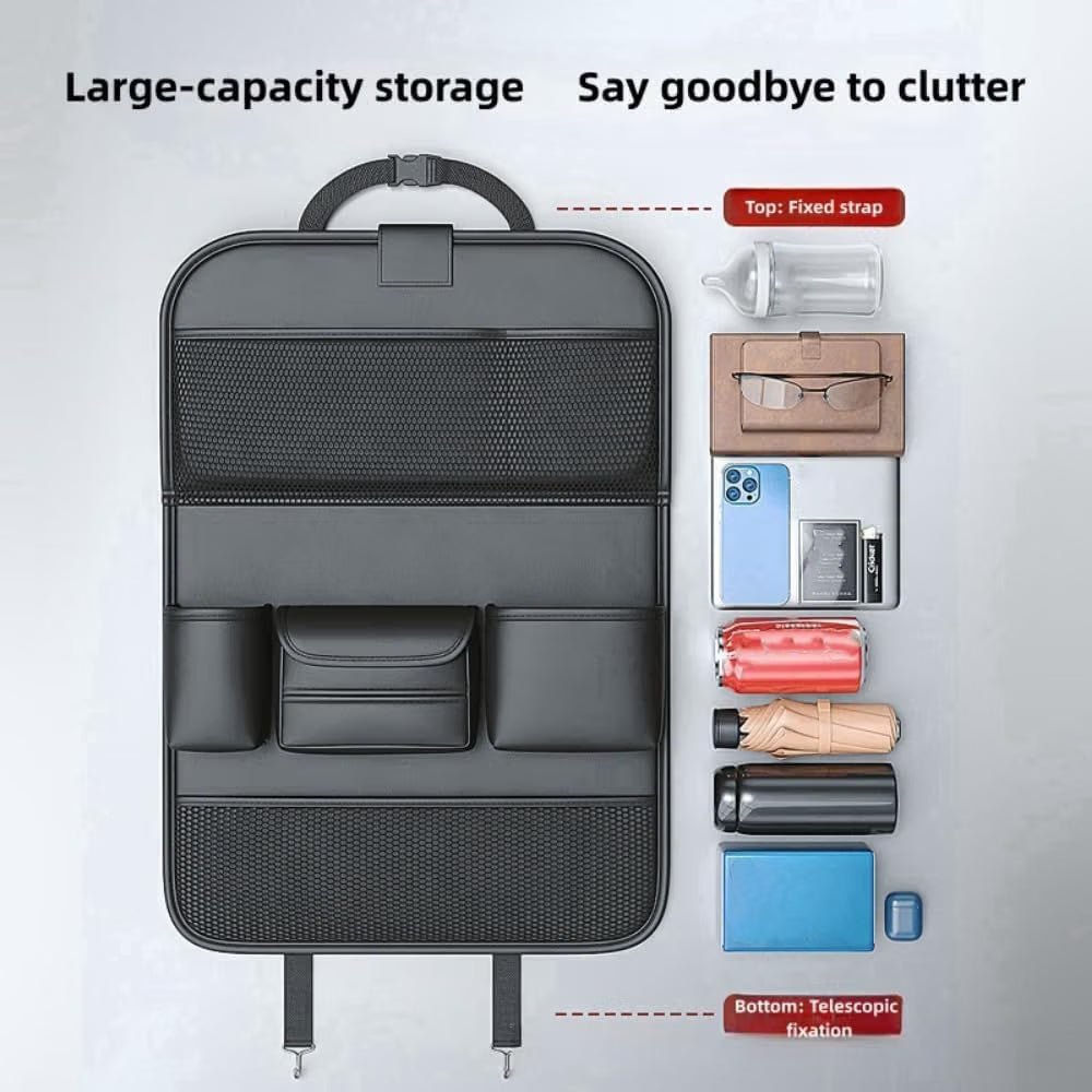 Car Backseat Organizer with Foldable Tray, Seat Back Protector, Storage Pockets & Travel Accessories