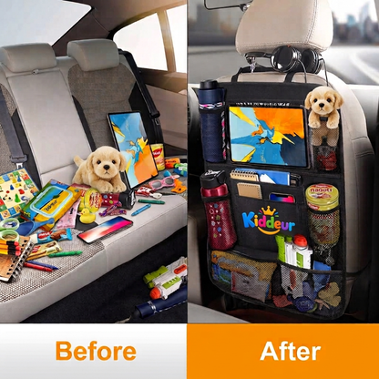 Kids Car Seat Back Organizer with Tablet Holder & Foldable Tray – Travel Storage Organizer for Road Trips