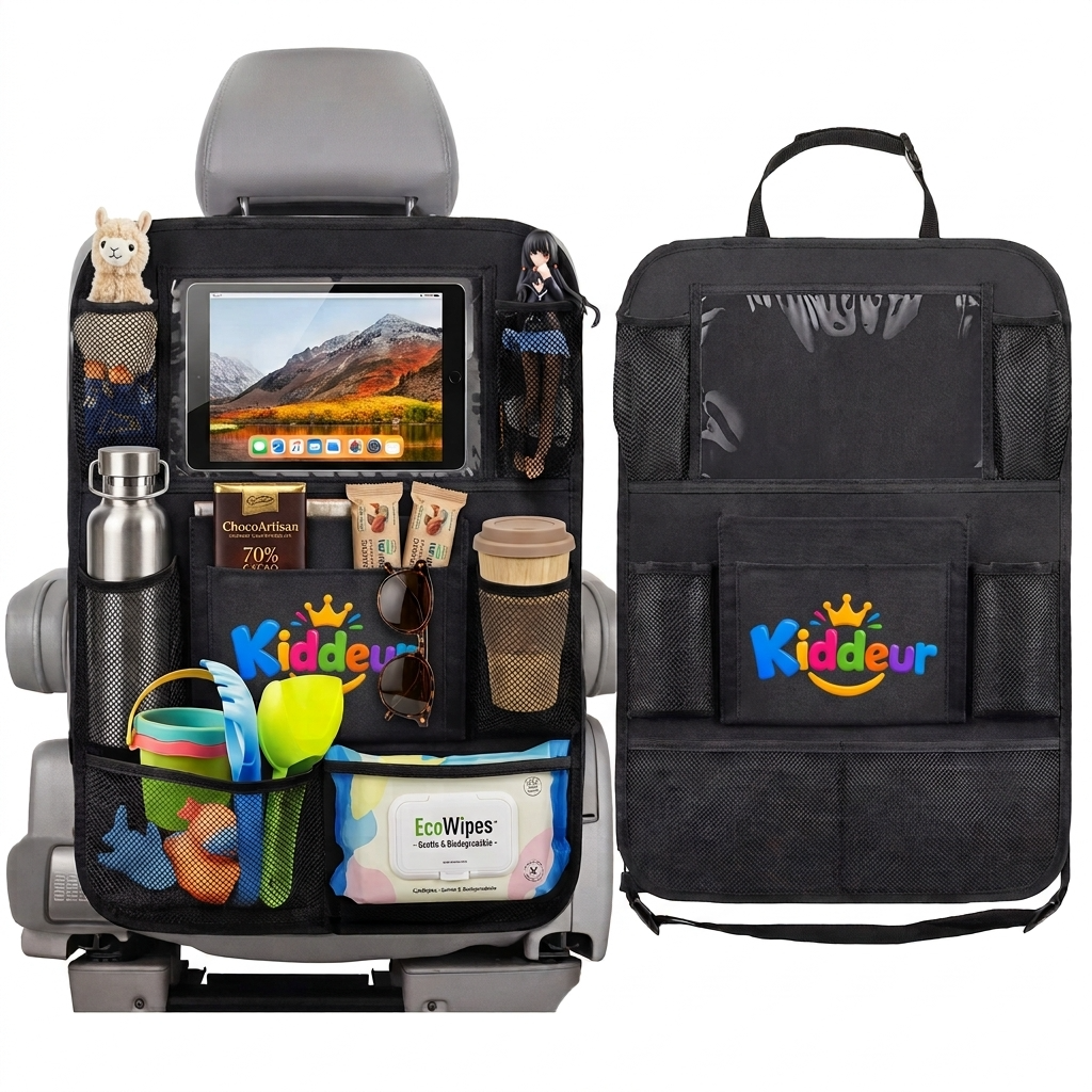 Kids Car Seat Back Organizer with Tablet Holder & Foldable Tray – Travel Storage Organizer for Road Trips