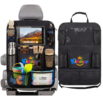 Kids Car Seat Back Organizer with Tablet Holder & Foldable Tray – Travel Storage Organizer for Road Trips