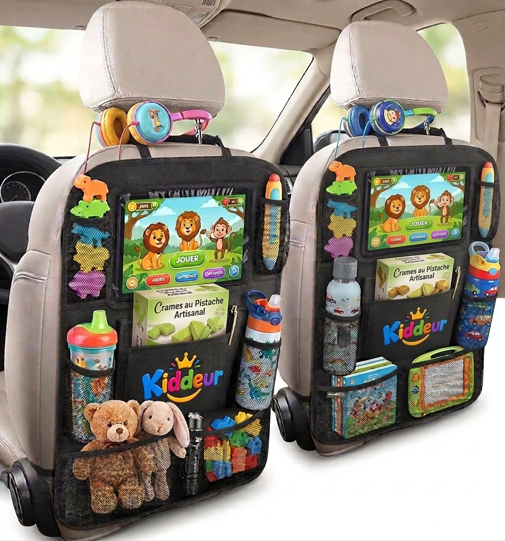 Kids Car Seat Back Organizer with Tablet Holder & Foldable Tray – Travel Storage Organizer for Road Trips