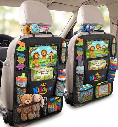 Kids Car Seat Back Organizer with Tablet Holder & Foldable Tray – Travel Storage Organizer for Road Trips