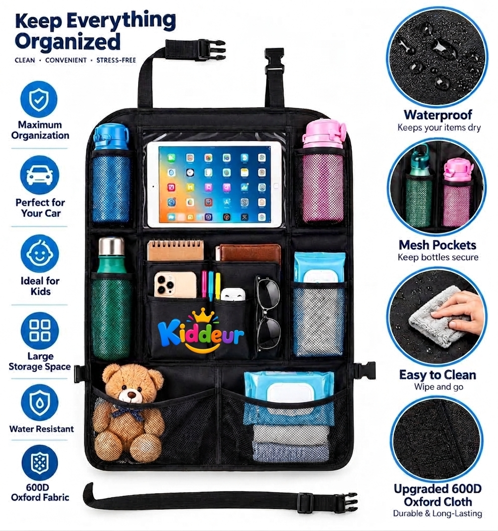 Kids Car Seat Back Organizer with Tablet Holder & Foldable Tray – Travel Storage Organizer for Road Trips