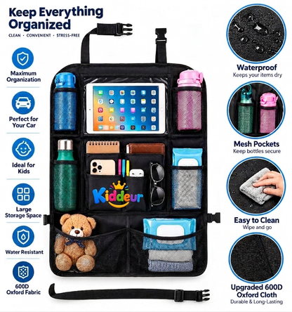 Kids Car Seat Back Organizer with Tablet Holder & Foldable Tray – Travel Storage Organizer for Road Trips